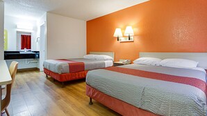 A hotel room with two beds, a desk, and a bathroom. - Motel 6 Tempe, AZ - Scottsdale South (Tempe)