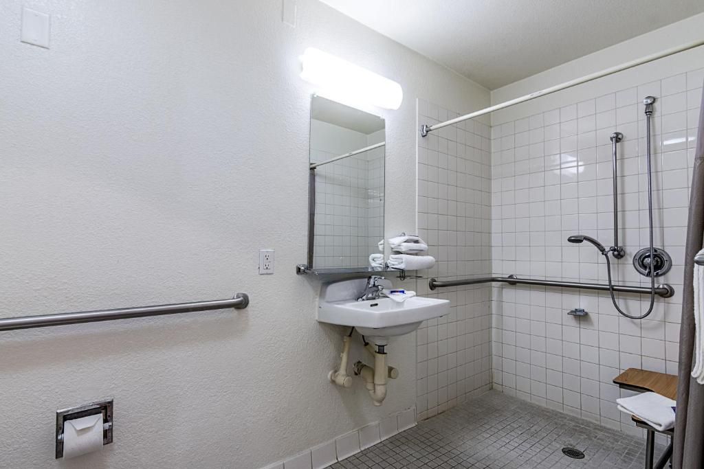 A bathroom with a white sink, a mirror, a shower, and a grab bar.