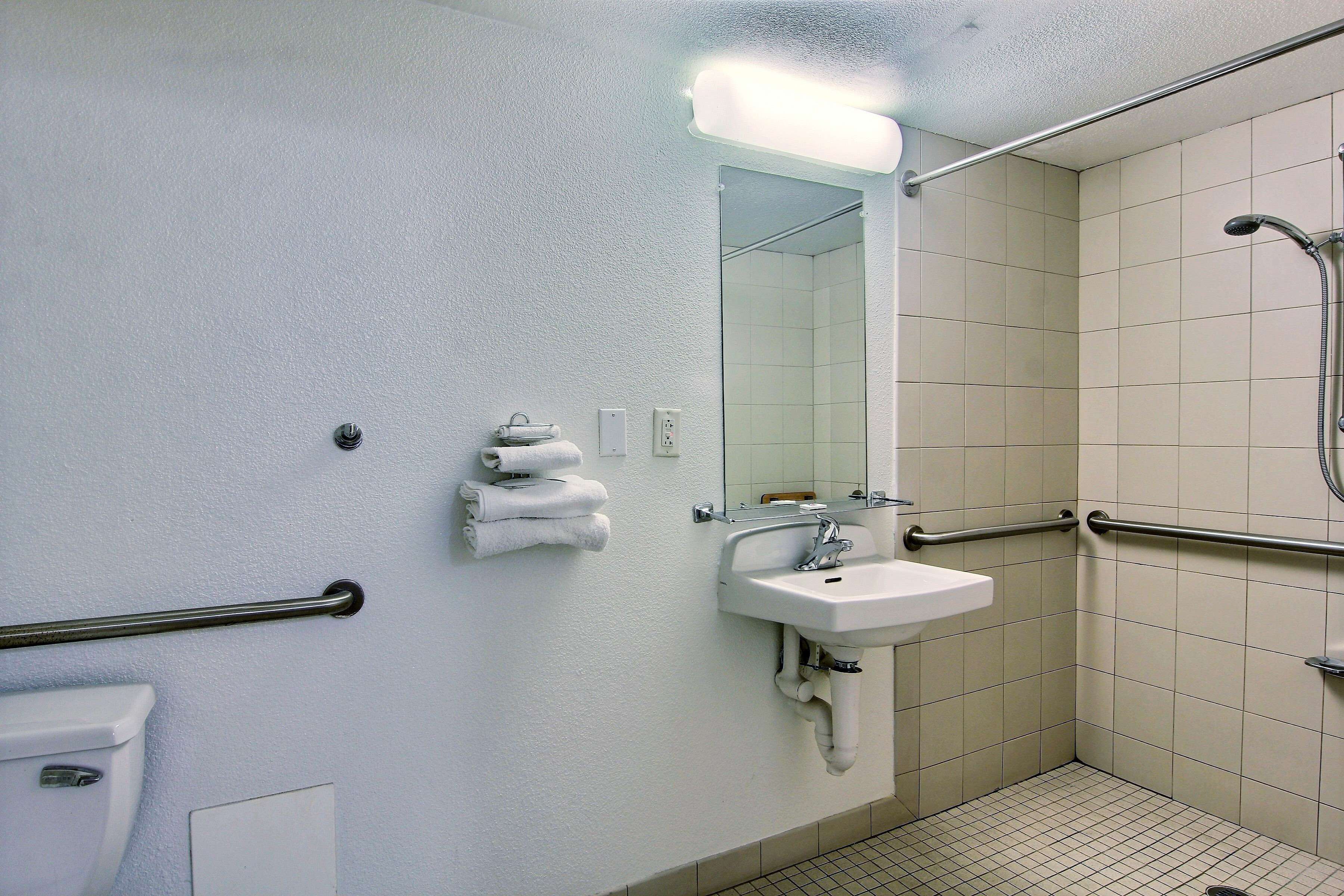 Ein Badezimmer mit Waschbecken, Spiegel und Haltegriffen.