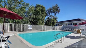 A swimming pool with a white fence, lounge chairs, and umbrellas. - Super 8 by Wyndham Livermore (Livermore)