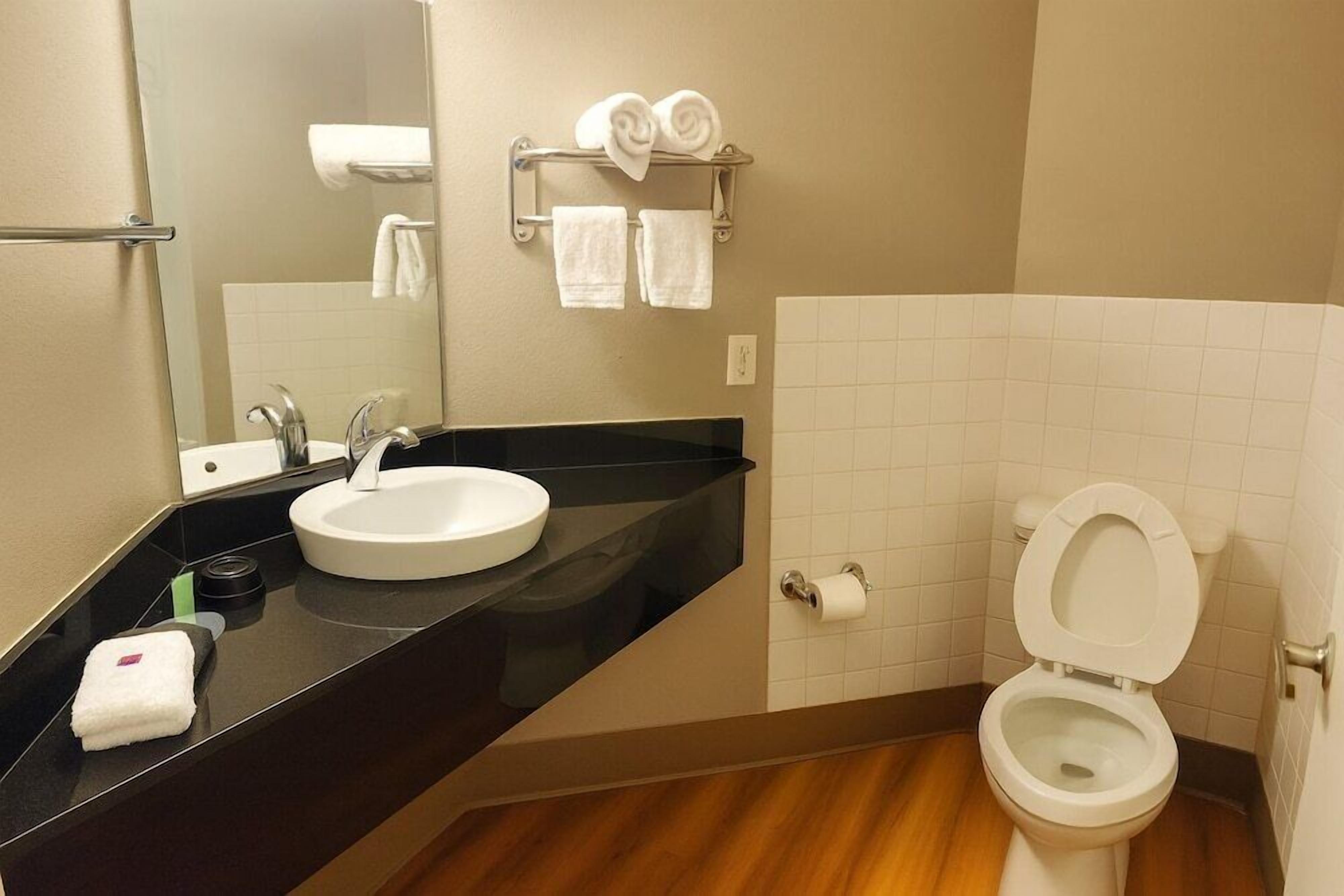 A bathroom with a black countertop sink, a mirror, a towel rack with towels, and a toilet.