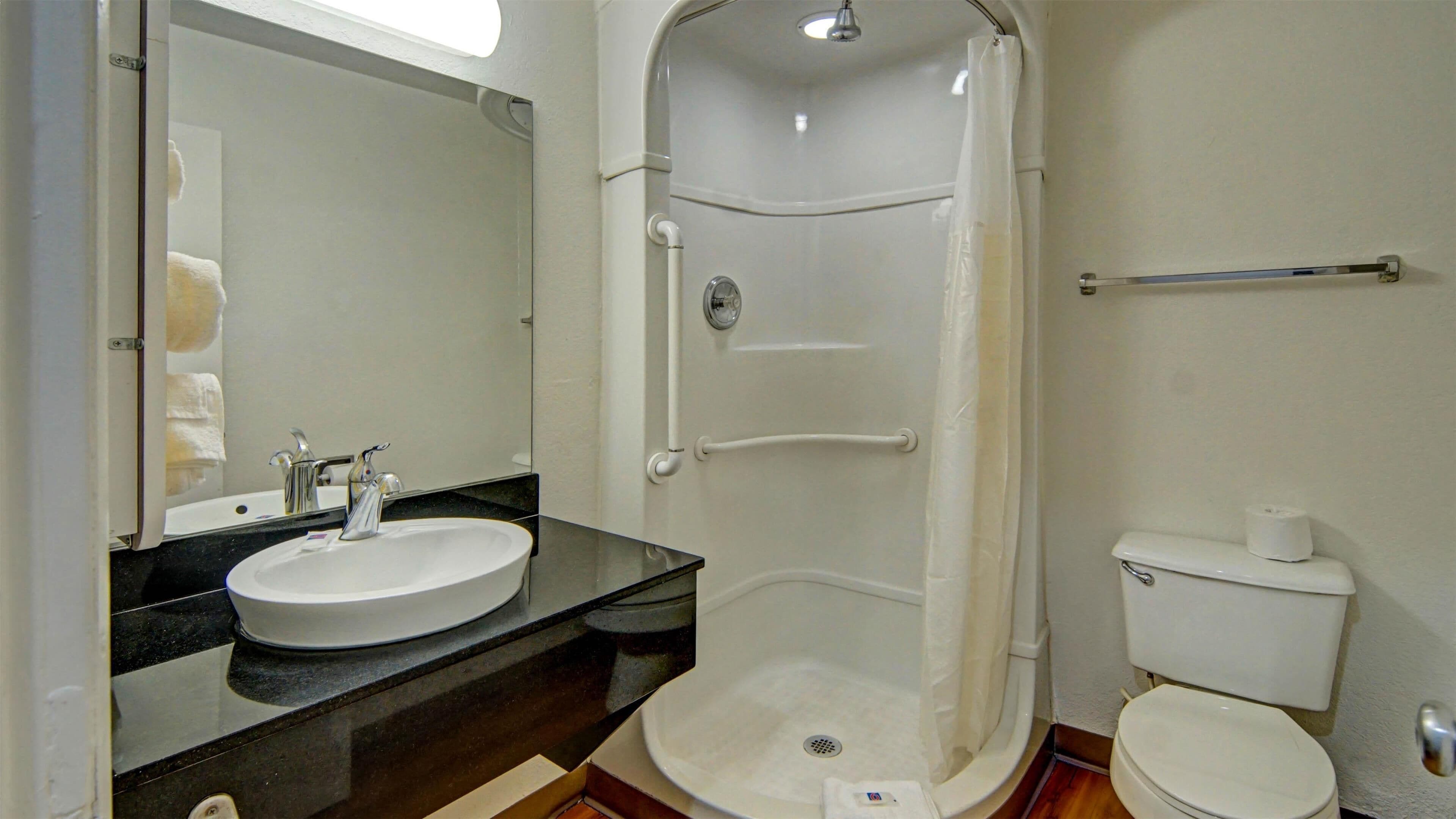 A bathroom with a white sink, a mirror, a shower enclosure, and a toilet.