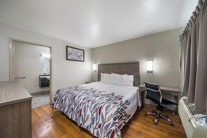 A hotel room with a bed, desk, chair, and a heater.