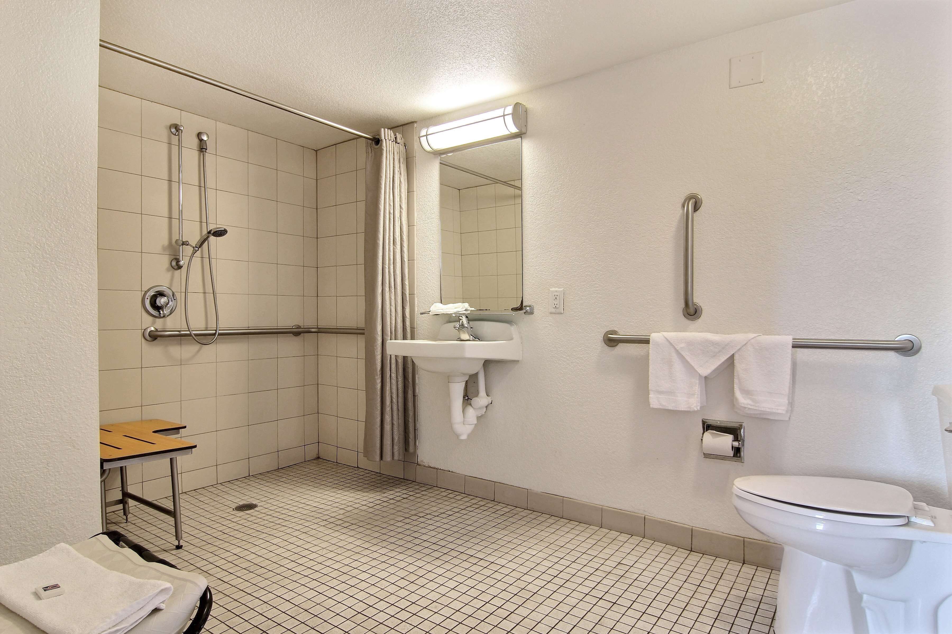 A bathroom with a shower, grab bars, a sink, and a toilet.