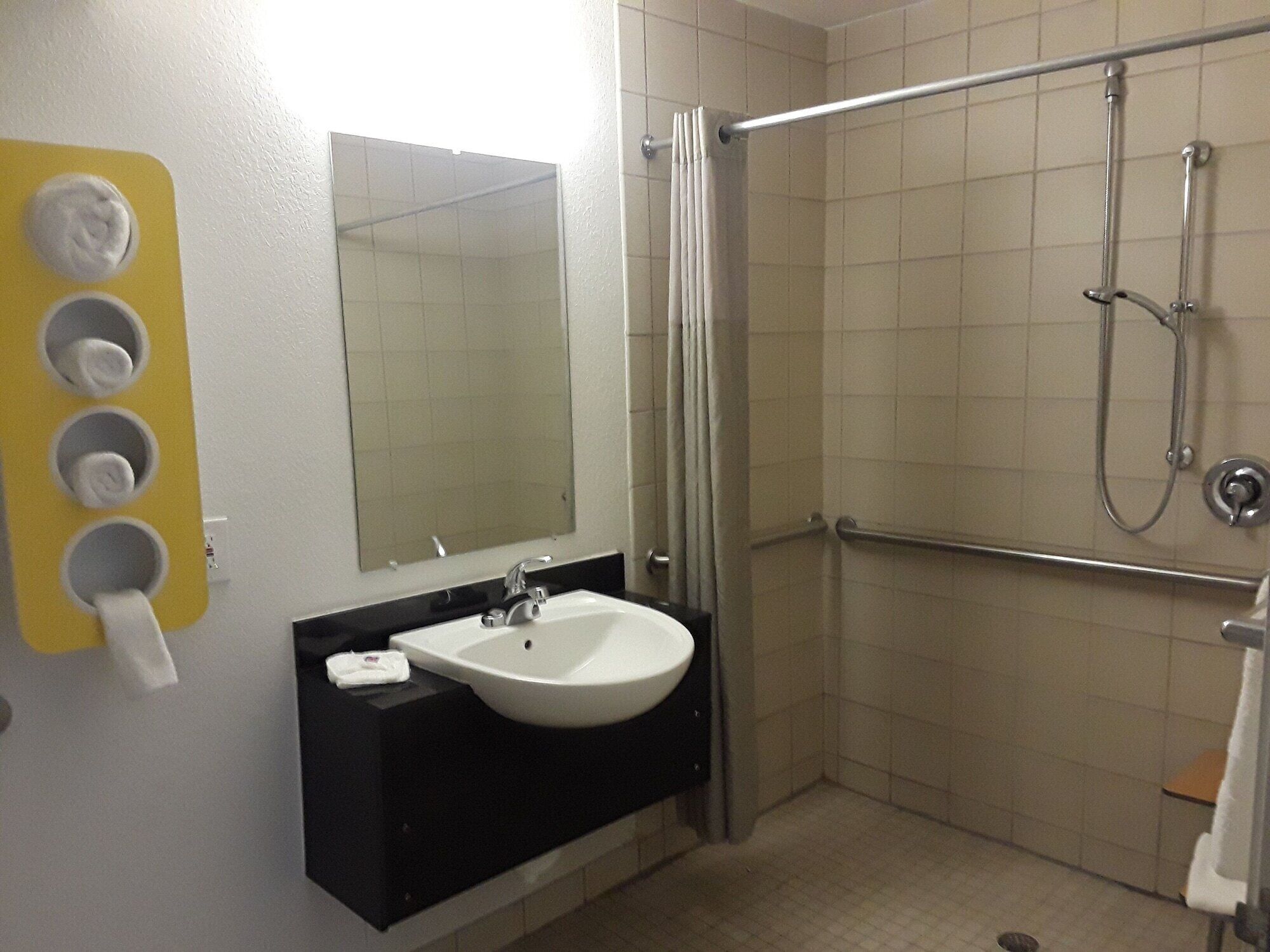 A bathroom with a white sink, a mirror, and a shower area.