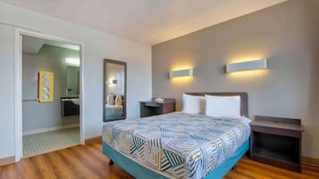 Desk, laptop workspace, blackout curtains, free WiFi