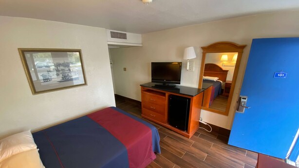 A hotel room with a bed, a desk with a television, a mirror, and a door marked with the number 101.