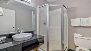 A bathroom with a glass-enclosed shower, a sink with a mirror above it, and a toilet.