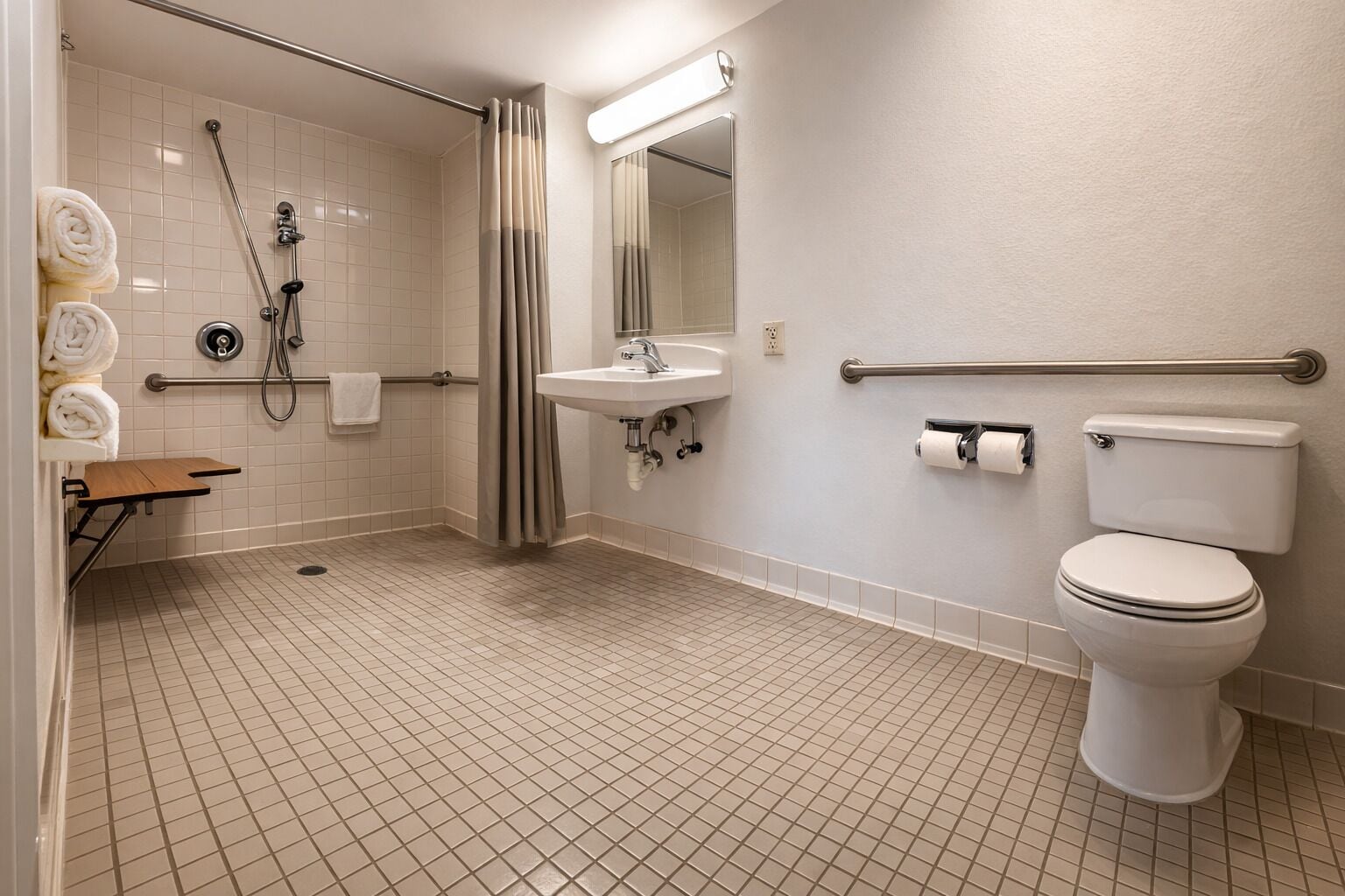 Et badeværelse med brusebad, toilet, håndvask og gelændere.
