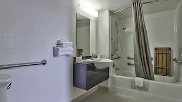 Combined shower/tub, free toiletries, towels, soap