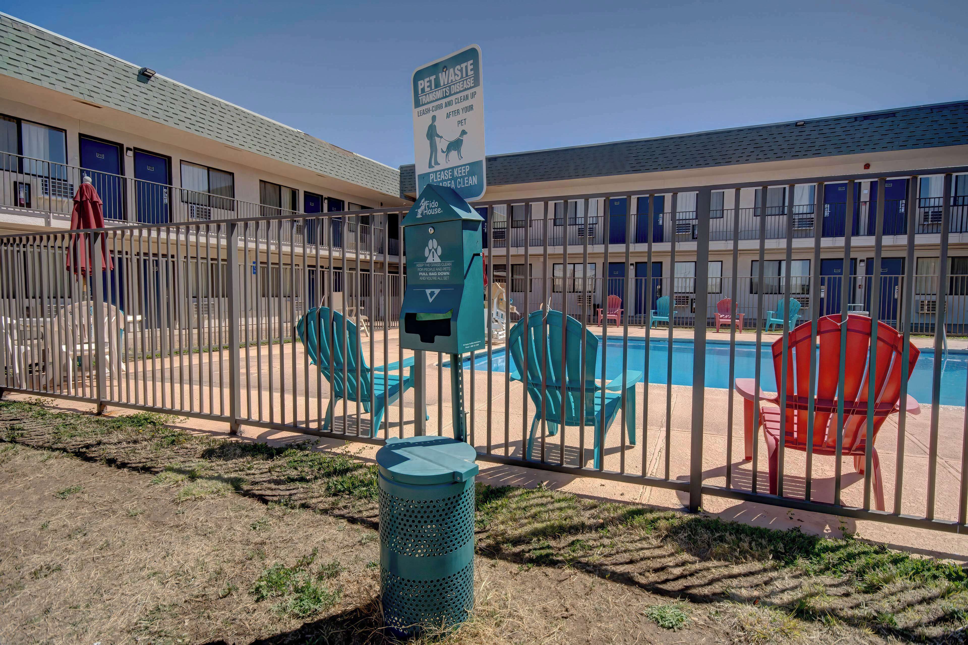 Un espace dédié aux besoins des animaux de compagnie, avec un panneau indicateur, une piscine clôturée dotée de chaises, et un bâtiment comprenant plusieurs pièces en arrière-plan.
