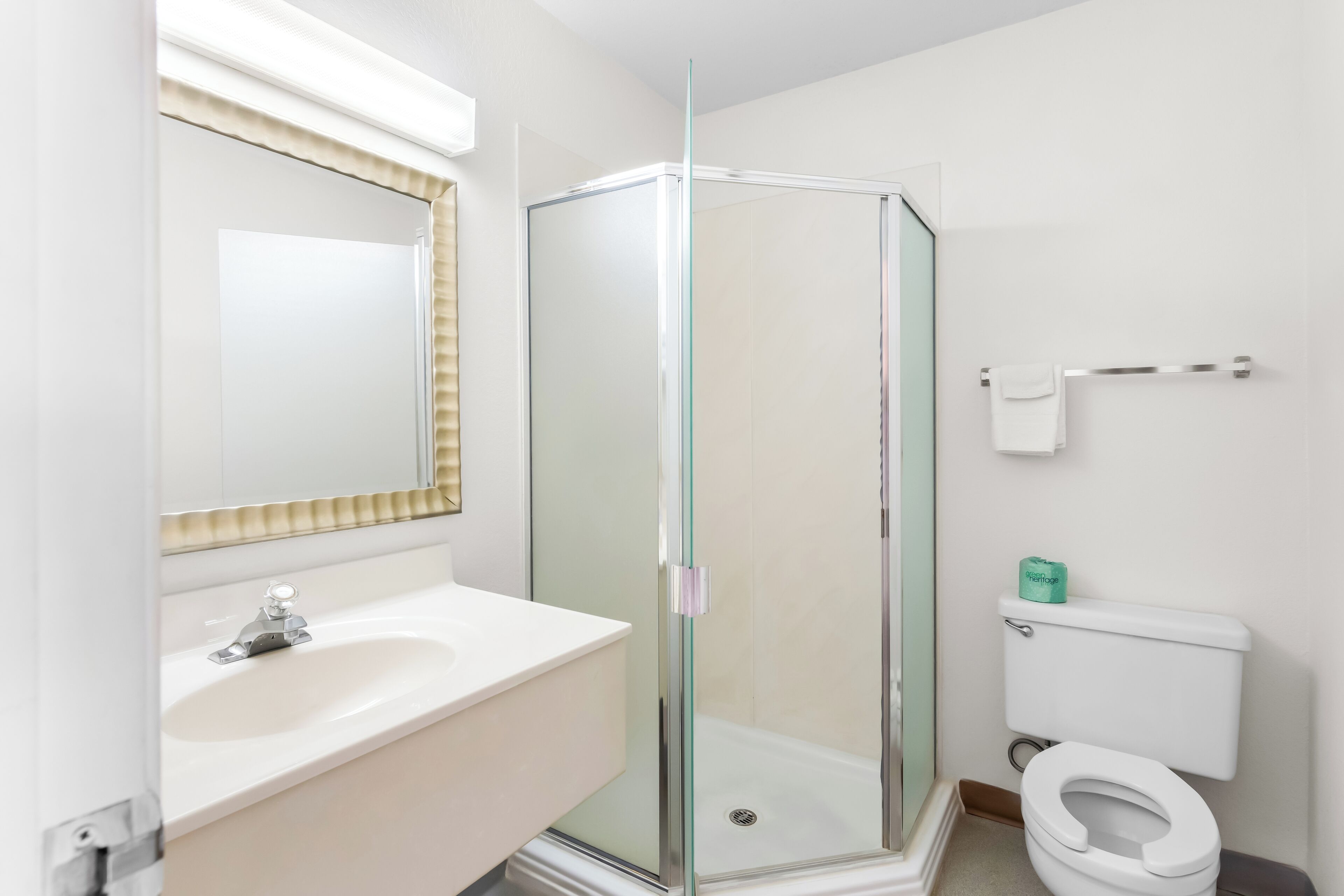 A bathroom with a glass-enclosed shower, a white sink, and a toilet.