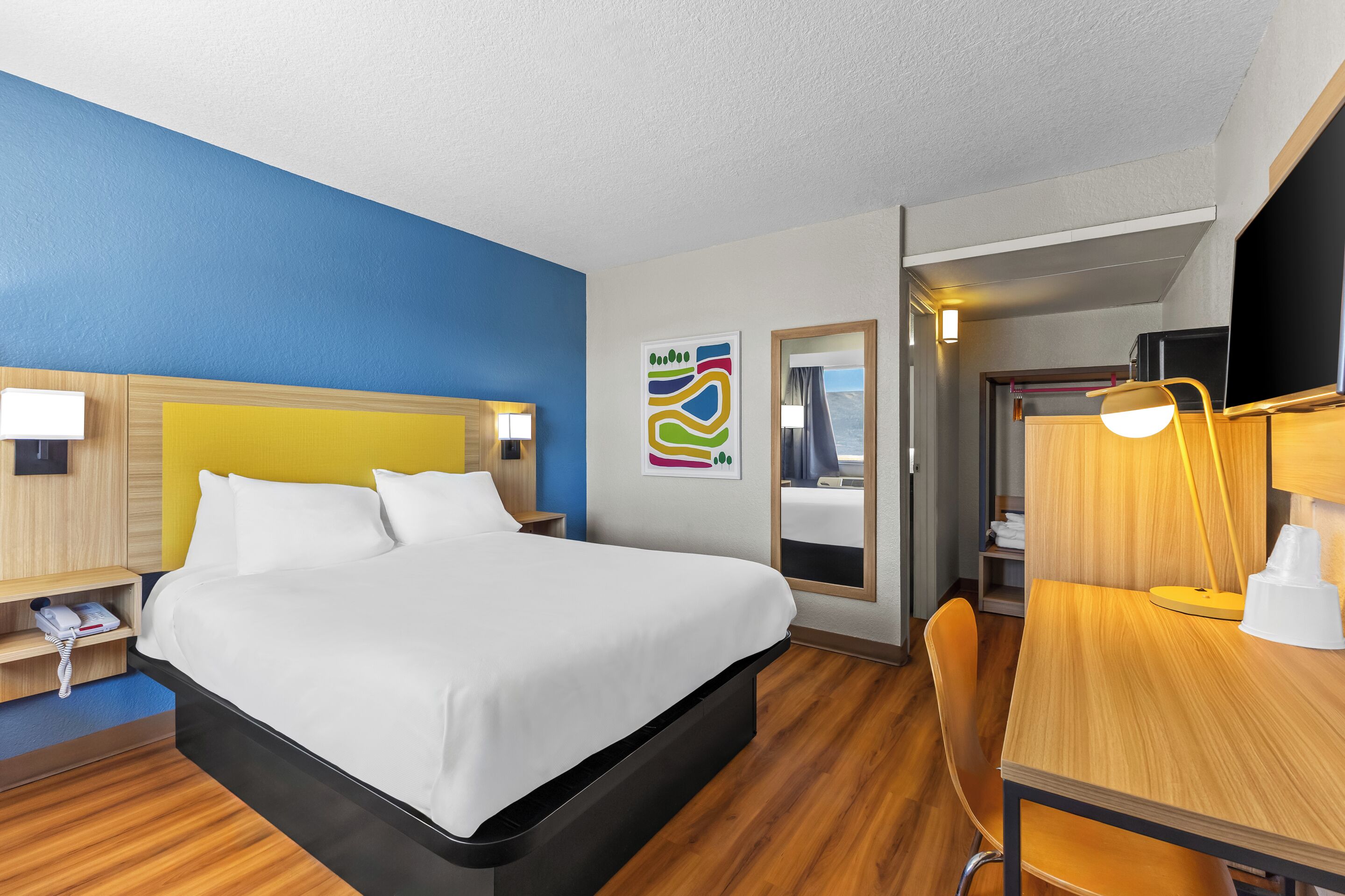 Desk, free WiFi, bed sheets, alarm clocks
