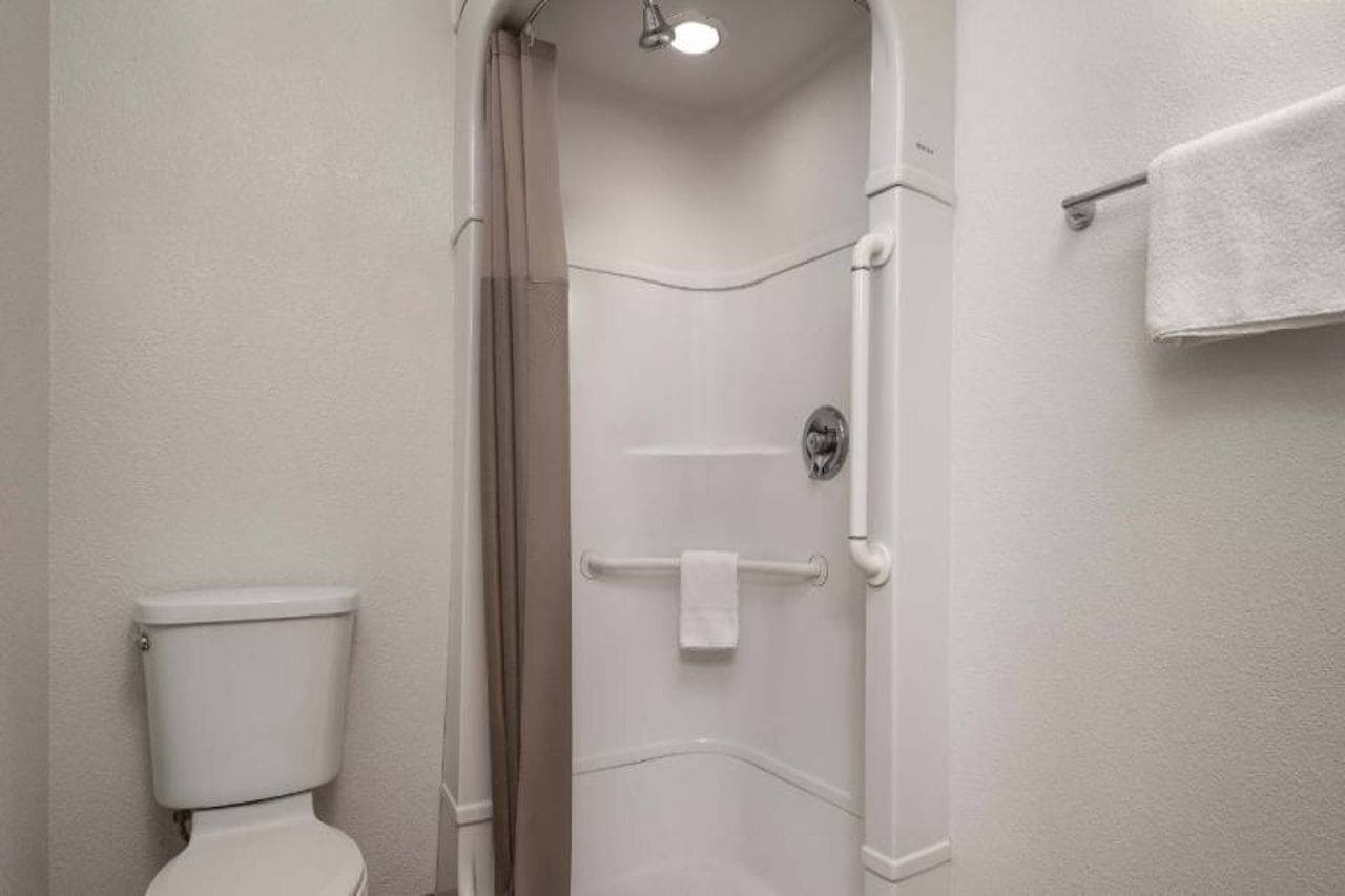 A bathroom with a toilet, a shower door, and a towel rack.