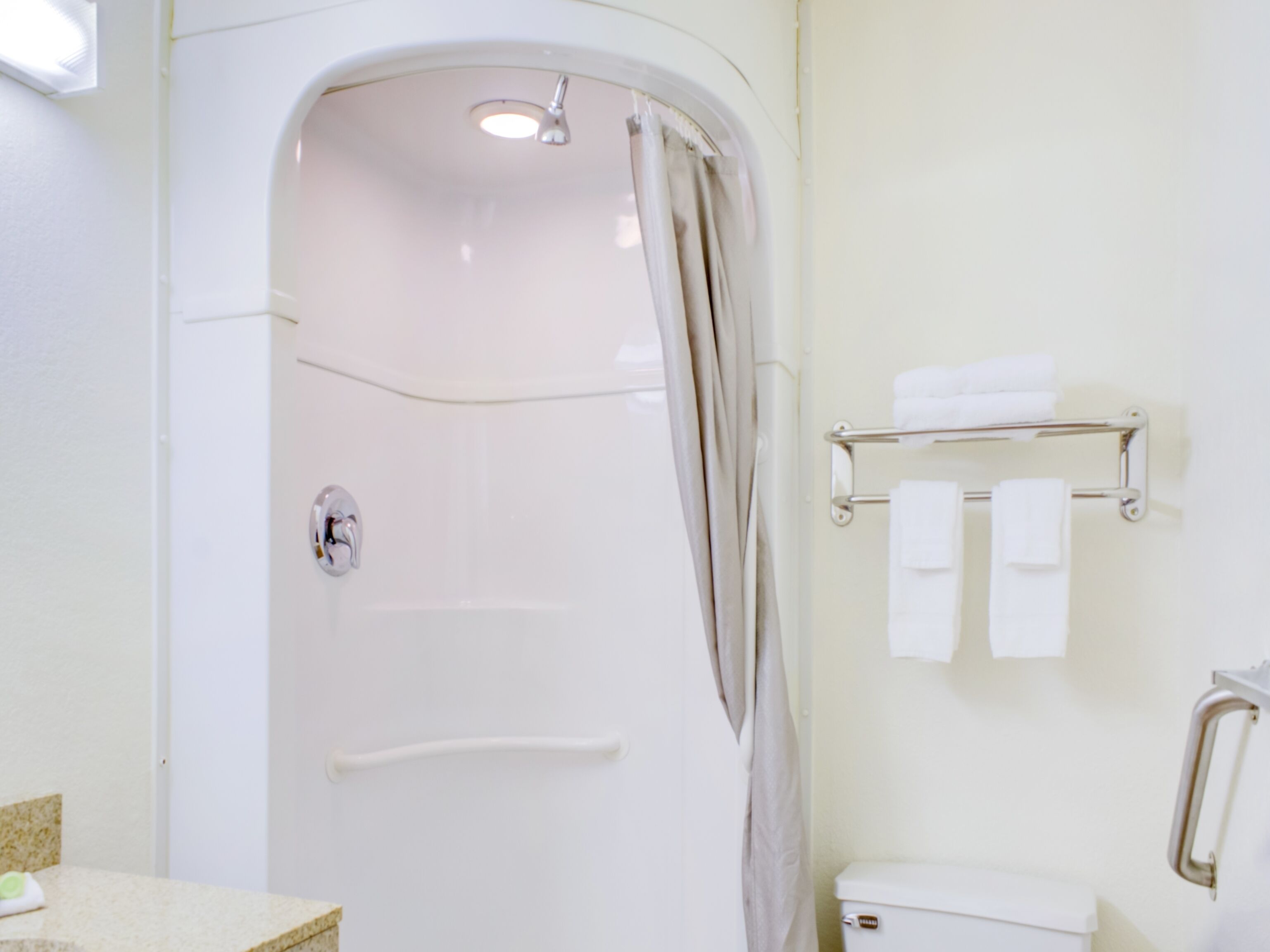A bathroom with a shower, toilet, and towel rack.