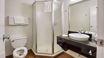 Shower, towels, soap, toilet paper