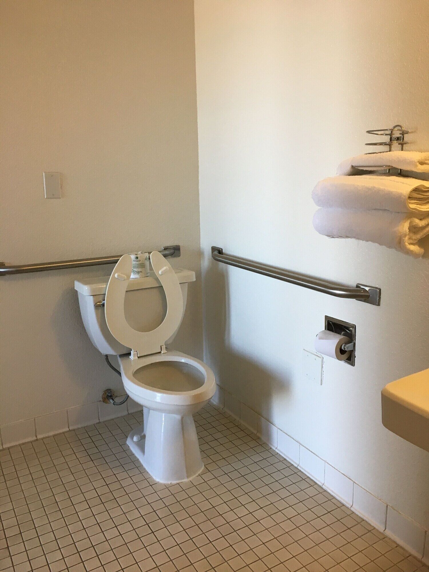 A standard bathroom with a toilet, a handrail, a towel rack, and a toilet paper holder.