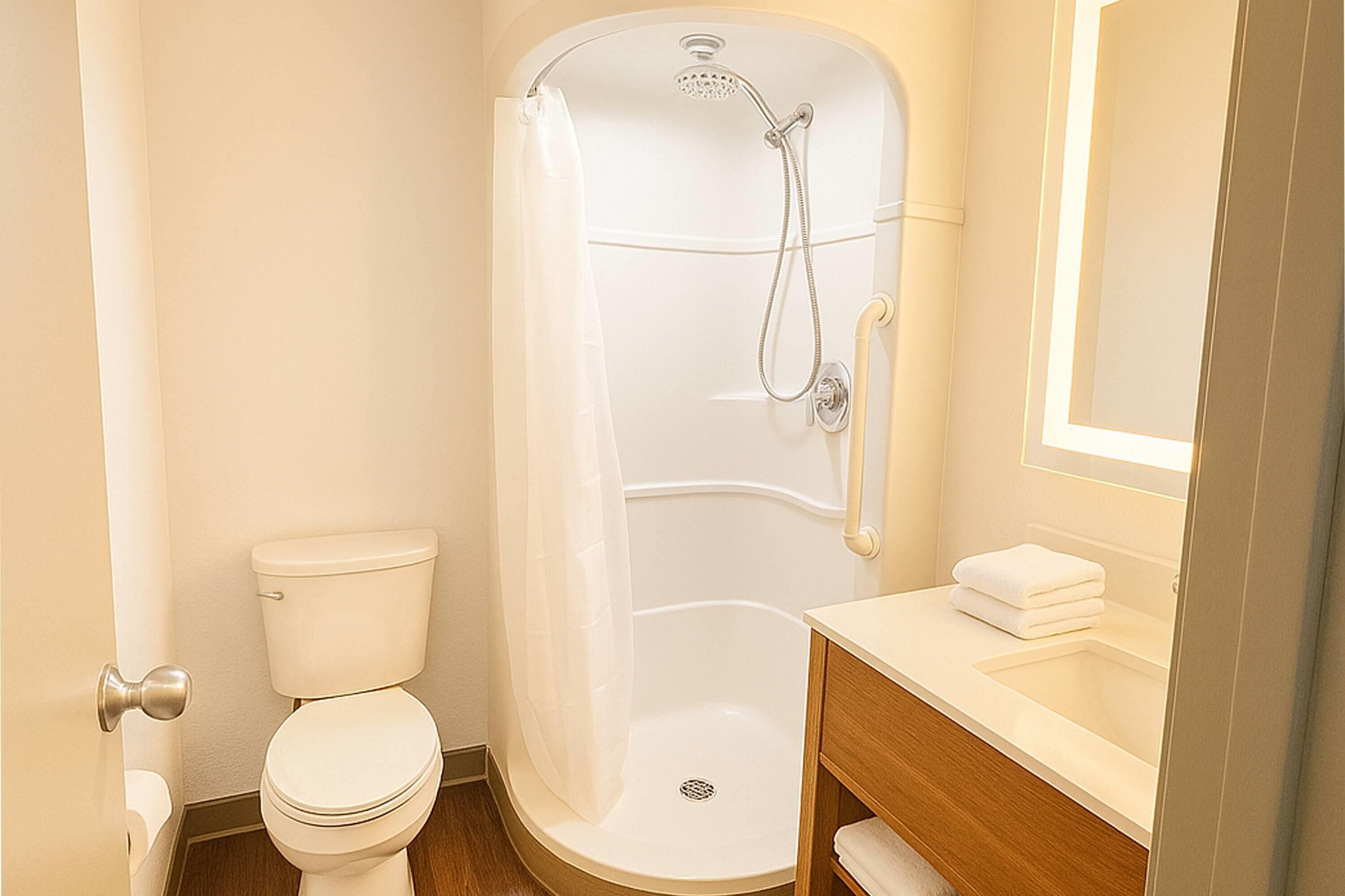 A modern bathroom with a shower, toilet, and vanity.