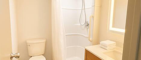 A modern bathroom with a shower, toilet, and vanity.