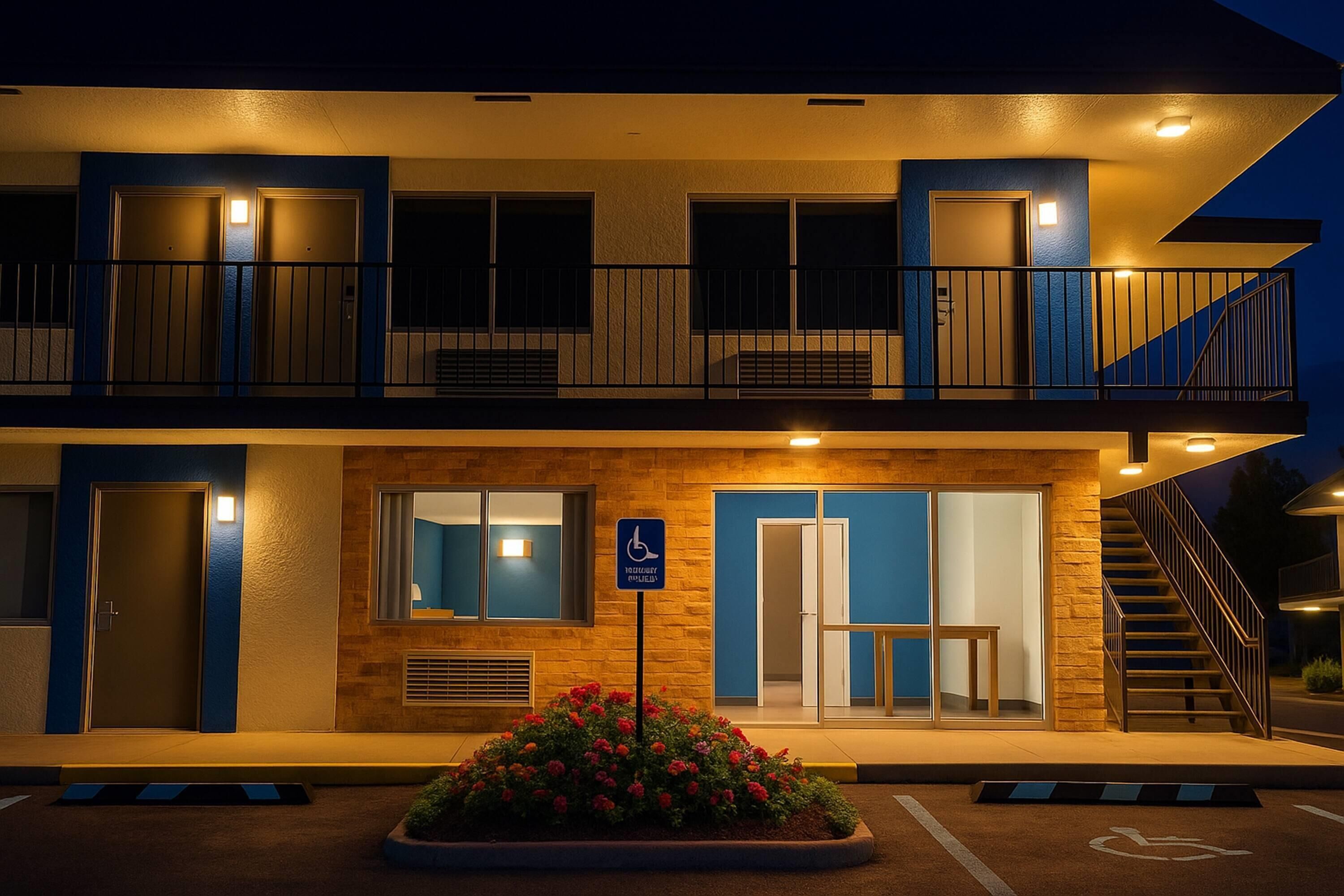 A two-story hotel with a blue and beige exterior, a wheelchair-accessible entrance, and a staircase leading to the upper floor.