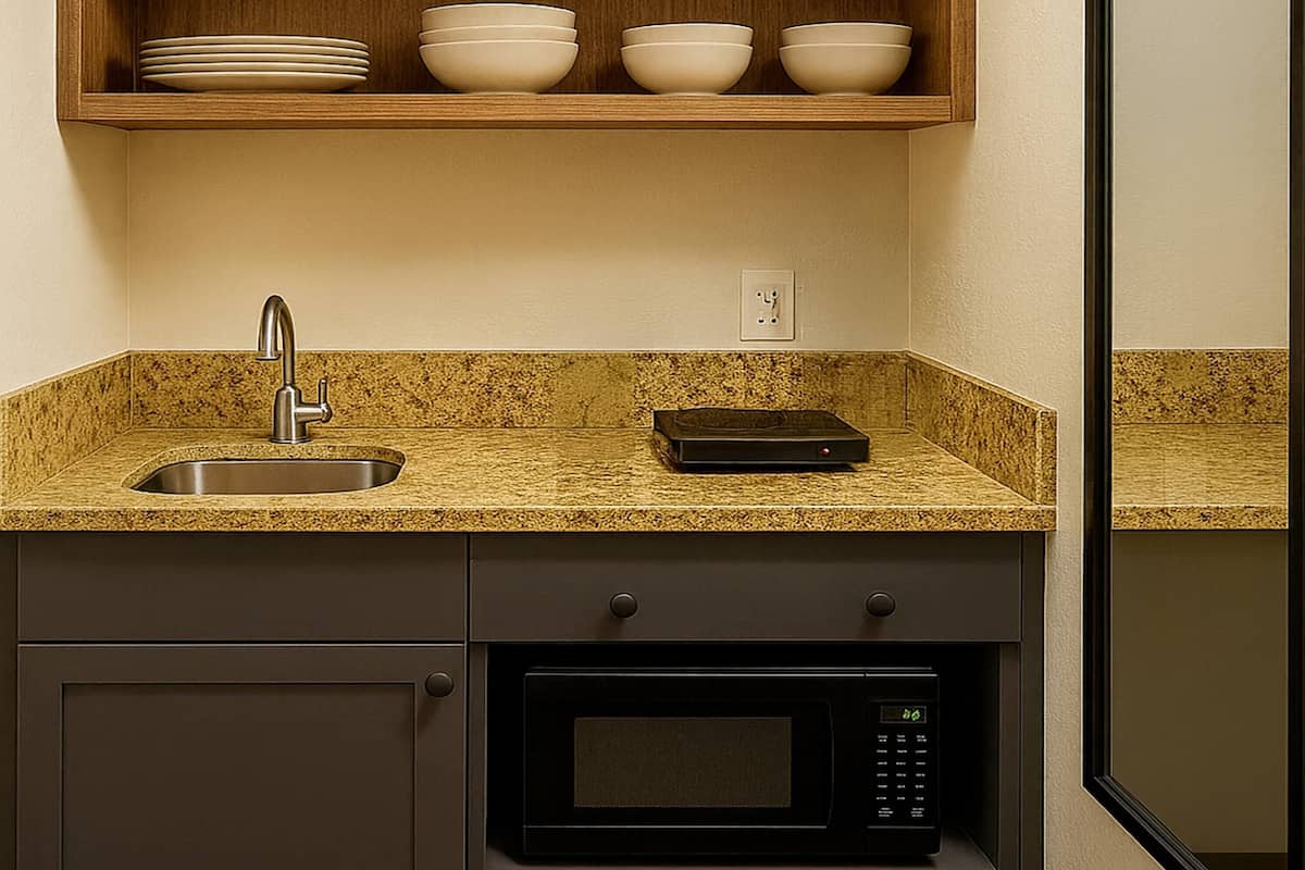 A kitchen with a granite countertop, stainless steel sink, microwave, and a wooden shelf above the sink holding bowls.