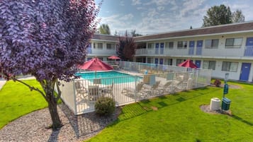 Un motel con piscina, asientos exteriores y un patio amurallado.