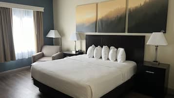 Room, 1 King Bed, Accessible, Non Smoking (Roll-In Shower) | Desk, laptop workspace, blackout drapes, iron/ironing board