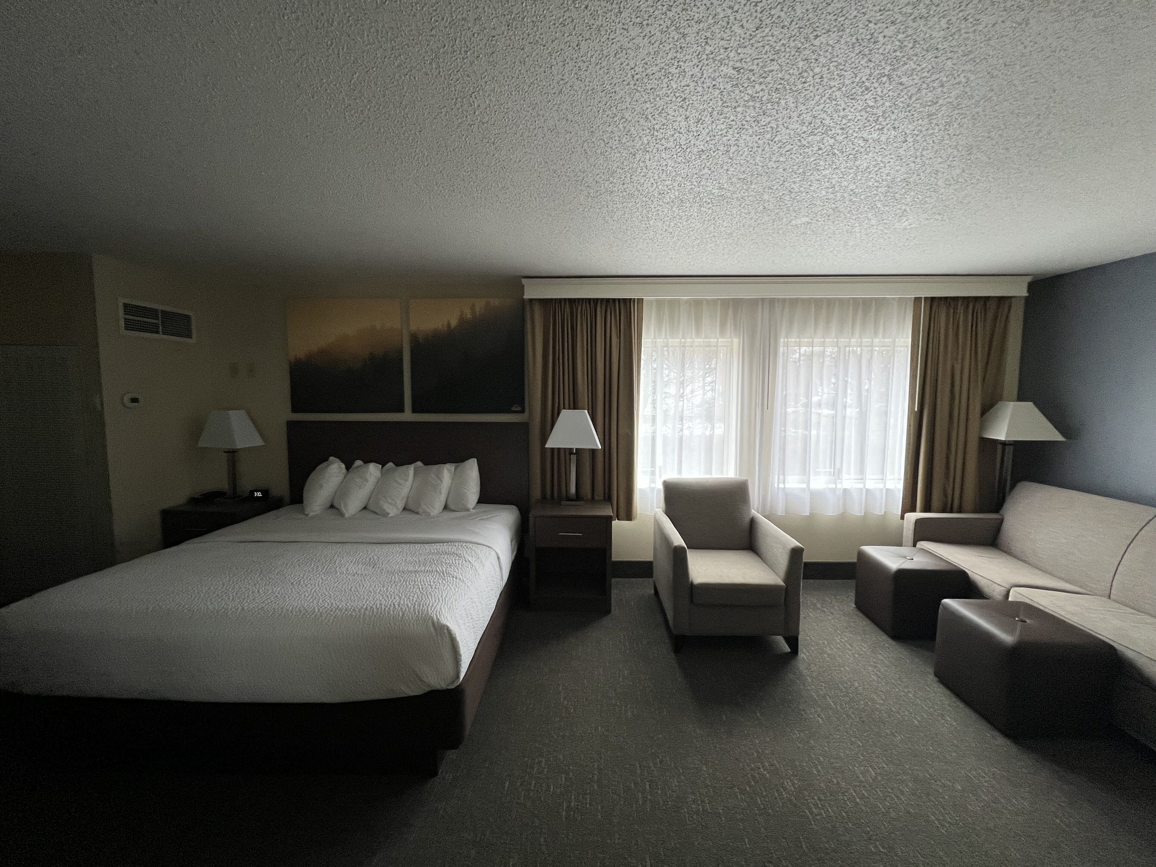 A hotel room with a large bed, two armchairs, a sofa, and two lamps.
