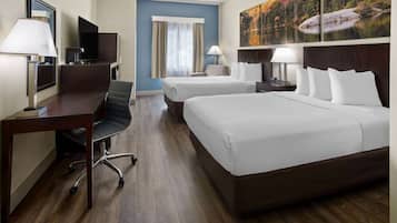 Room, 2 Double Beds, Non Smoking | Desk, laptop workspace, blackout drapes, iron/ironing board