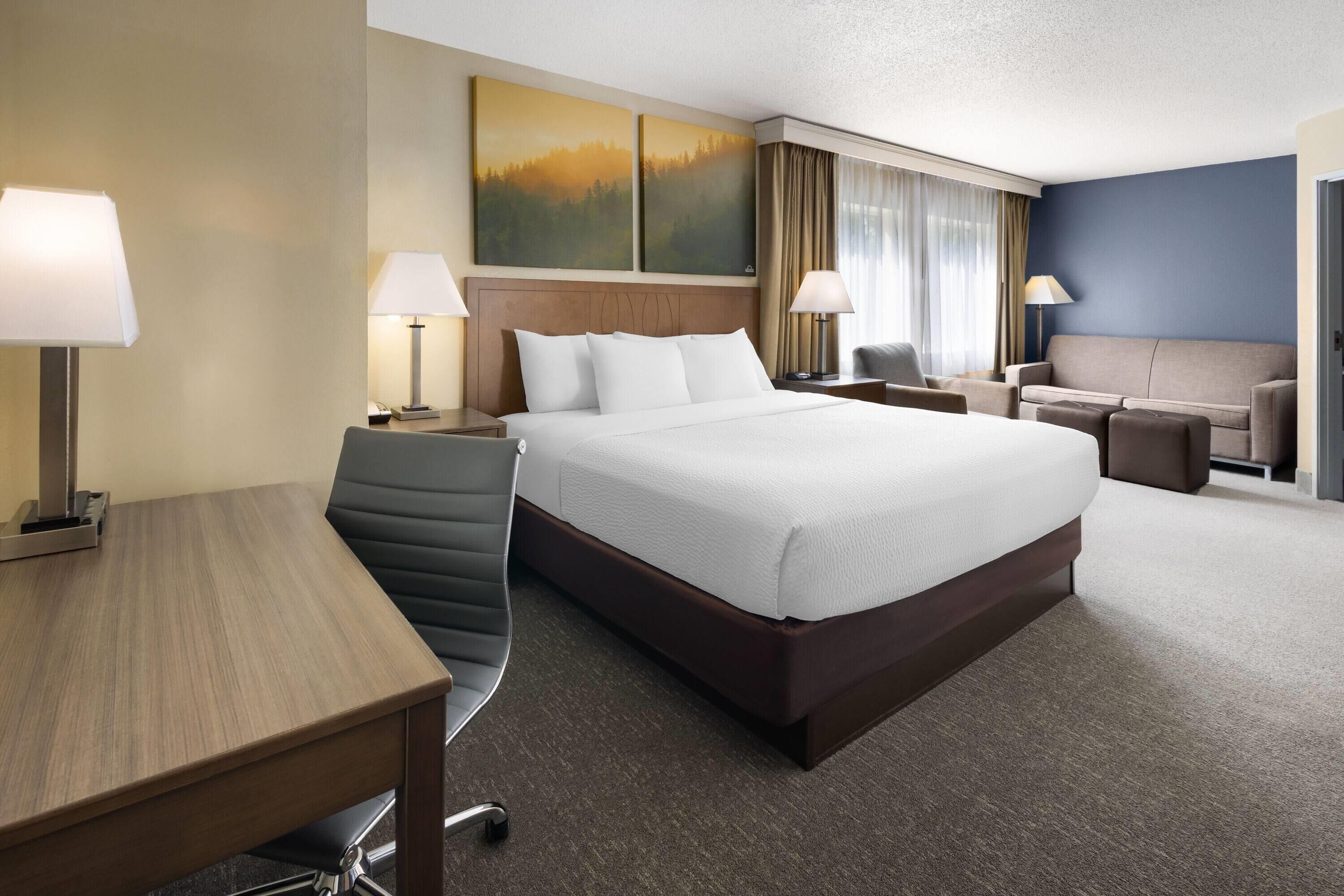 A hotel room with a large bed, a desk, a chair, a sofa, and two lamps.