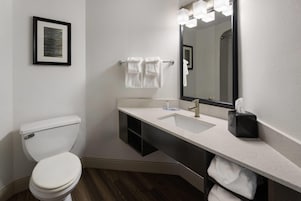 Combined shower/tub, free toiletries, hair dryer, towels
