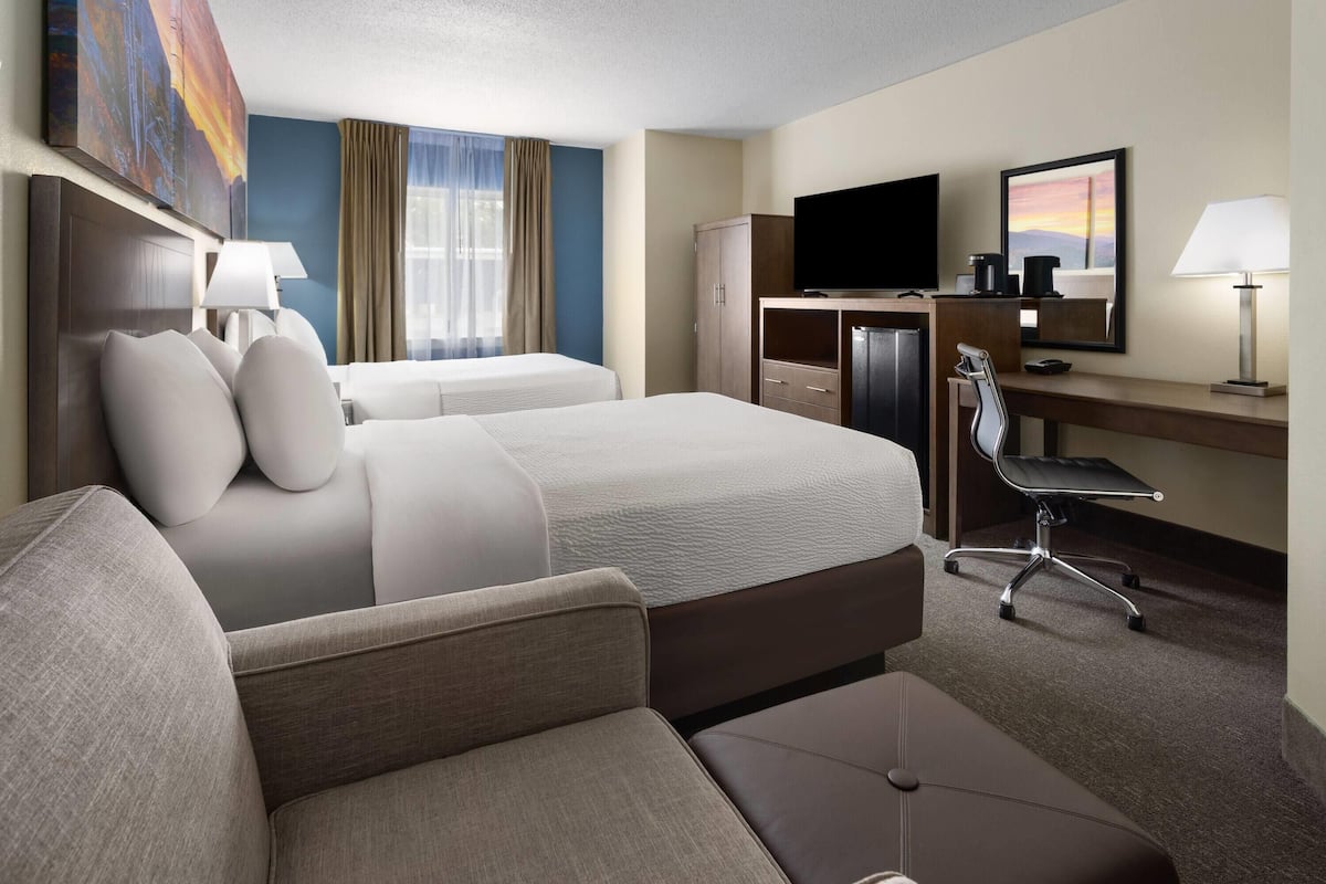 Room, 2 Double Beds, Accessible, Non Smoking | Desk, laptop workspace, blackout drapes, iron/ironing board