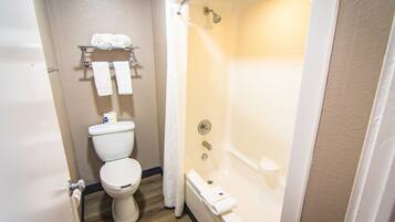 A bathroom with a toilet, a shower, and a bathtub.