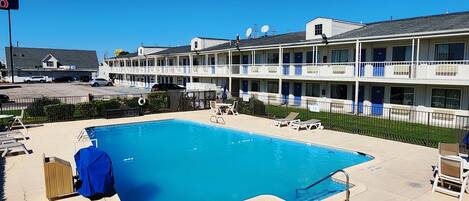 Outdoor pool, pool umbrellas, pool loungers