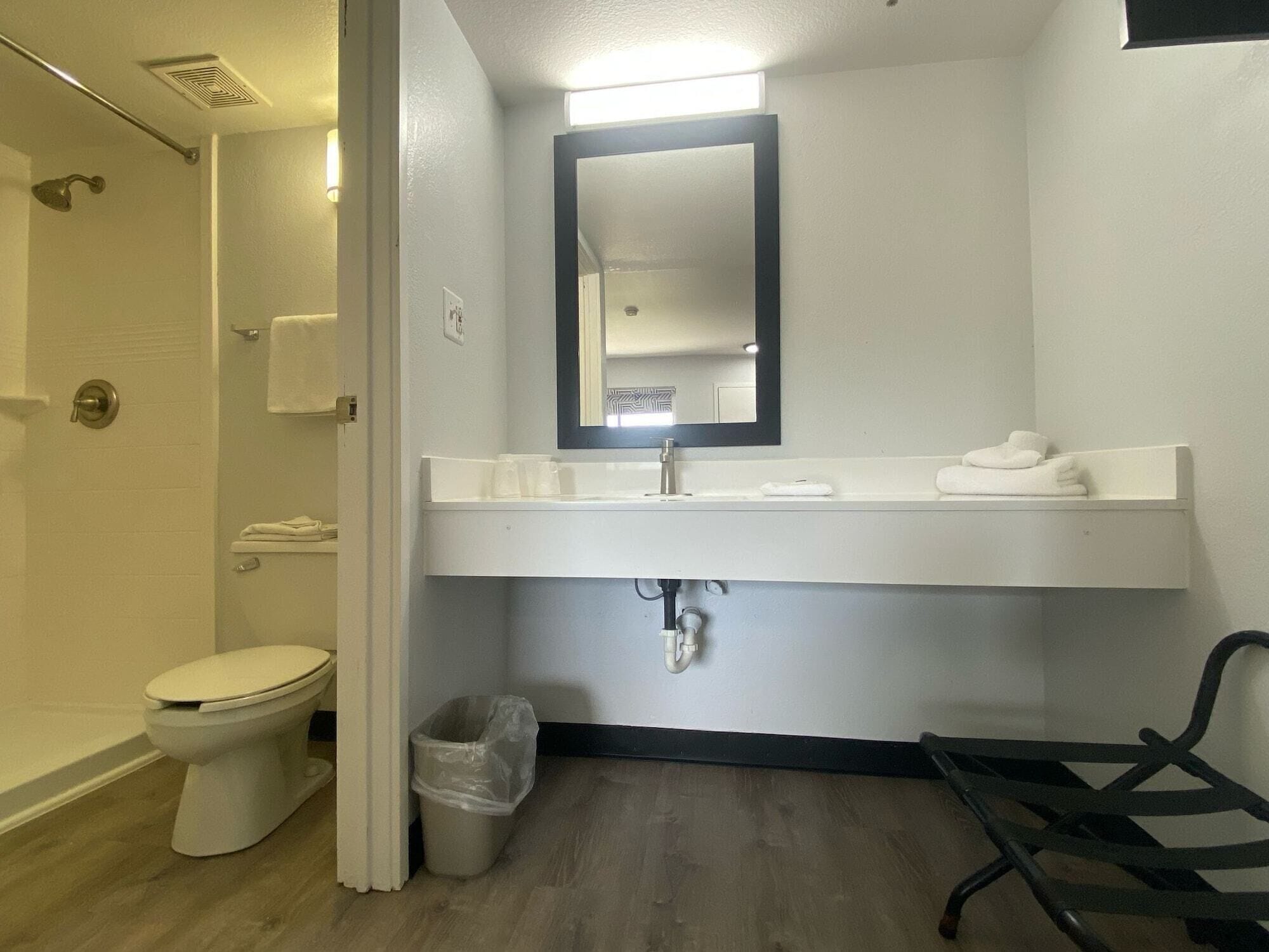 Une salle de bain équipée de toilettes, d’un lavabo, d’un miroir et d’une douche.