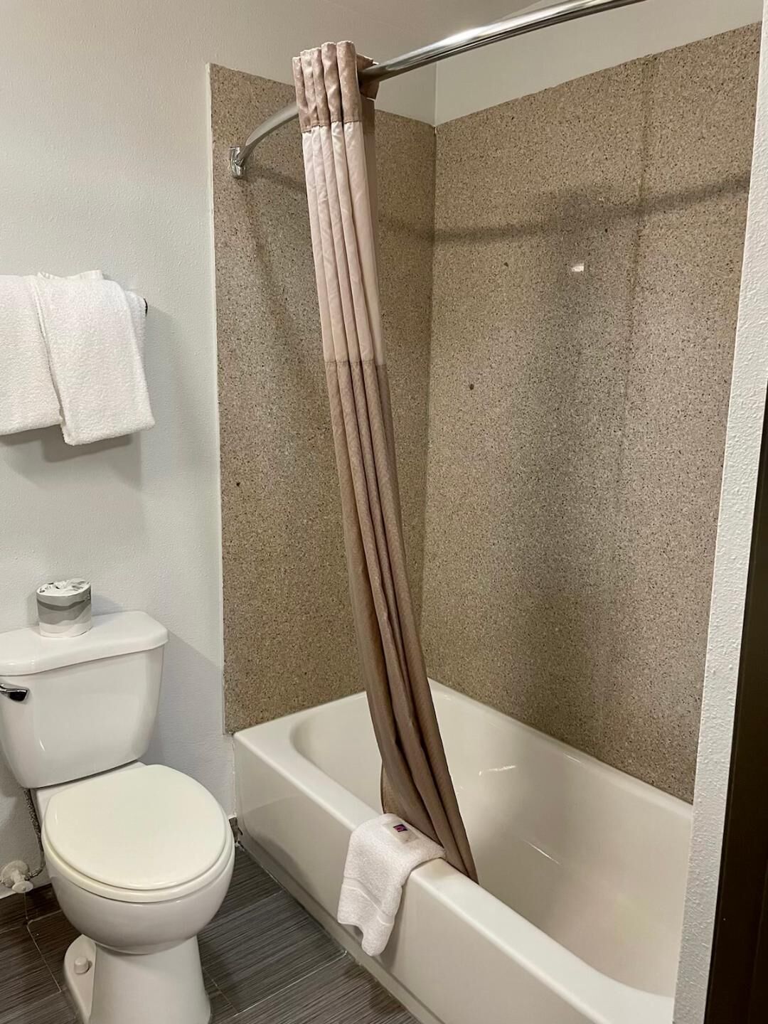 A bathroom with a toilet, a bathtub, and a shower curtain.