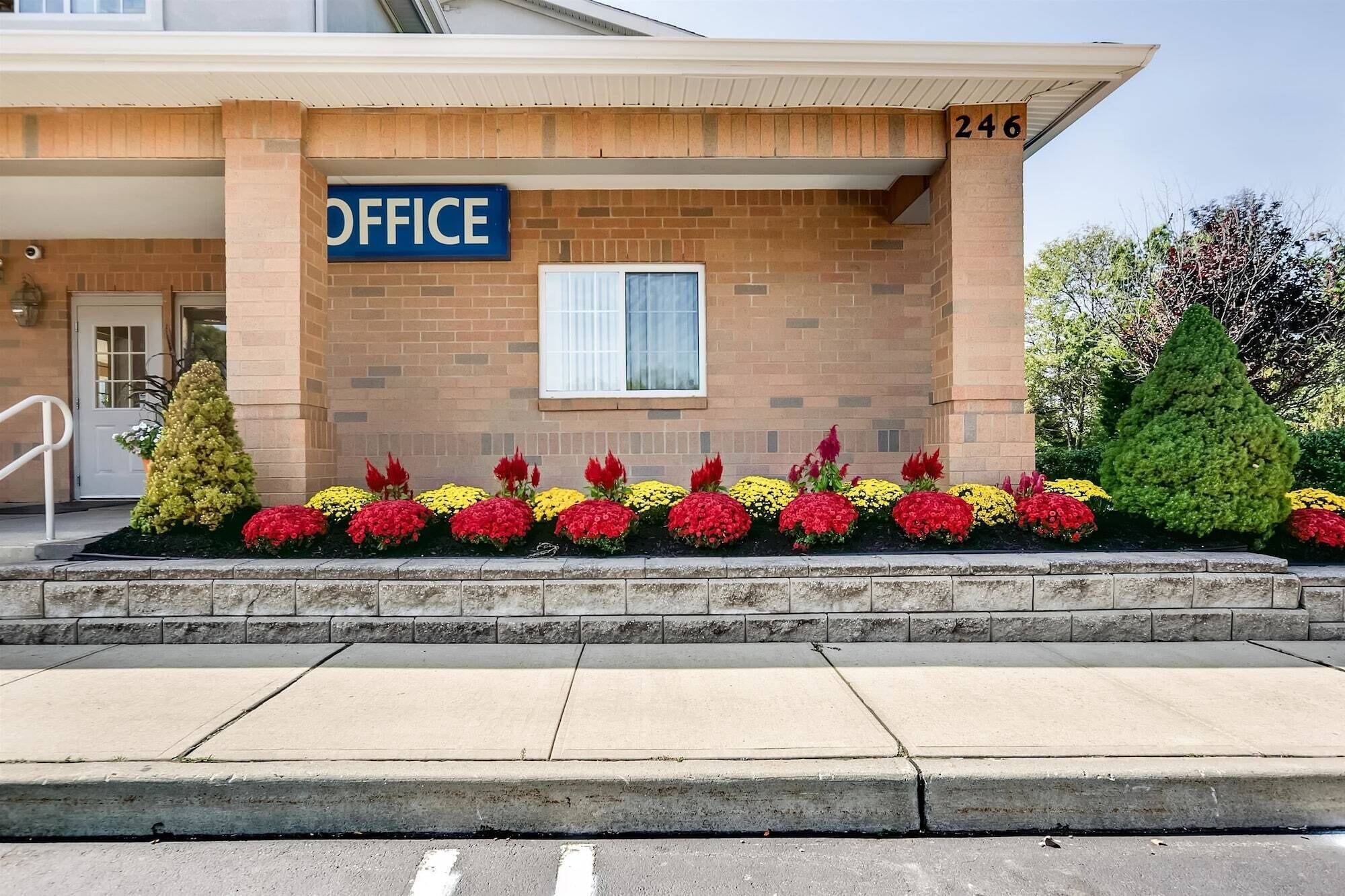 A building with a sign reading "OFFICE" above the entrance, a brick facade, and a number "246" on the right.