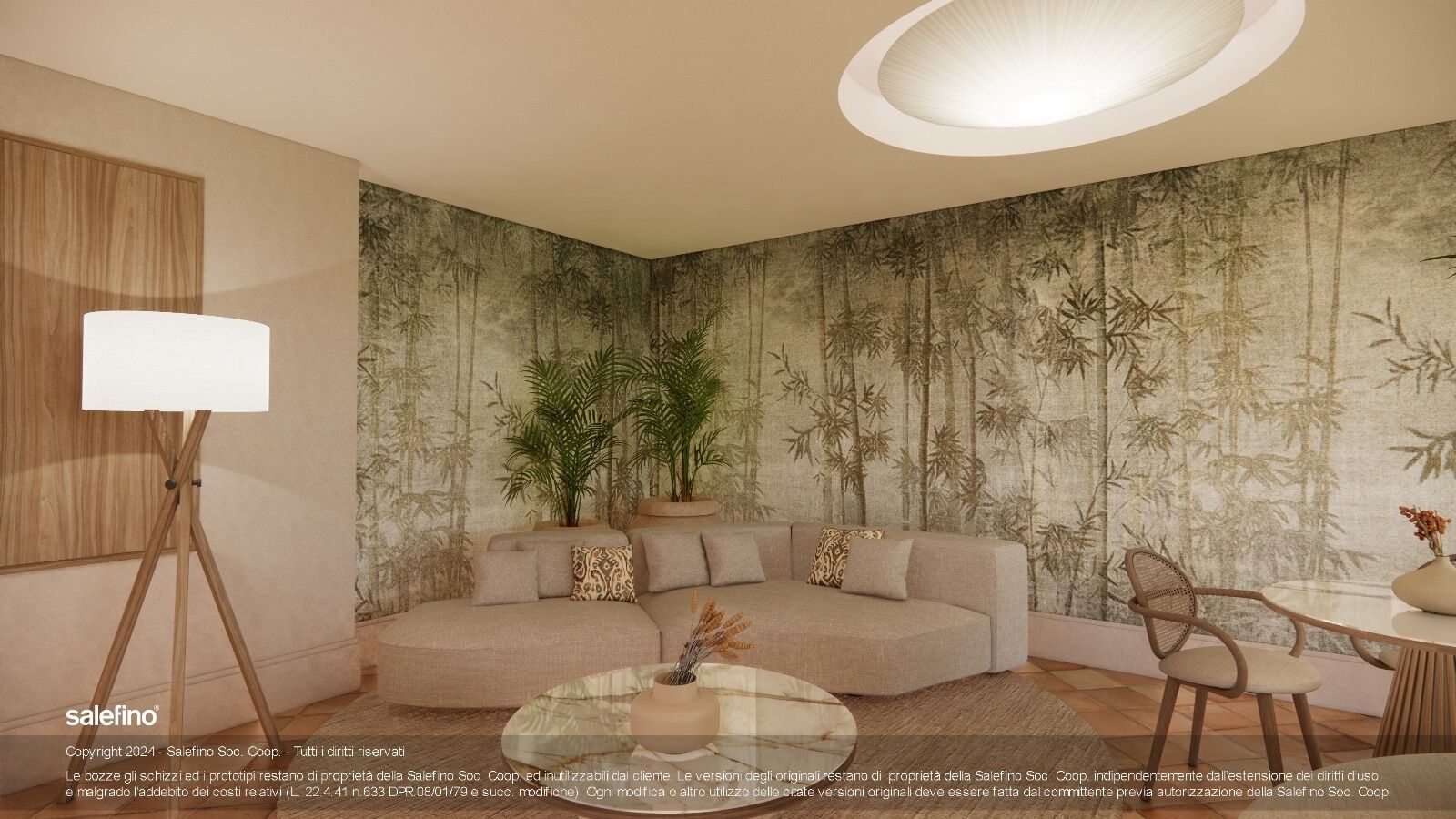 A modern living room with a beige sofa, a coffee table, and a lamp. There is a wall with a bamboo forest wallpaper.