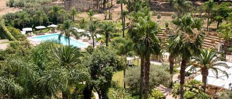 A pool surrounded by palm trees and greenery, with a view of a distant landscape.