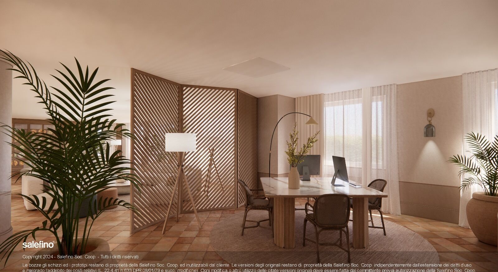 Una habitación moderna con un separador de madera, una mesa de comedor con sillas, una computadora portátil y un florero con flores.