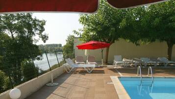 Seasonal outdoor pool, pool umbrellas, pool loungers