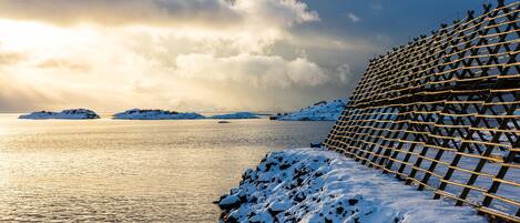 A snowy landscape with a wooden fence and a calm body of water.