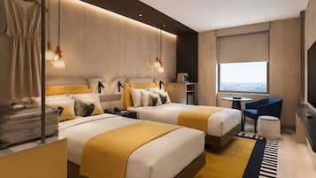 A modern hotel room with two beds, a desk, a chair, a small table, and a city view.