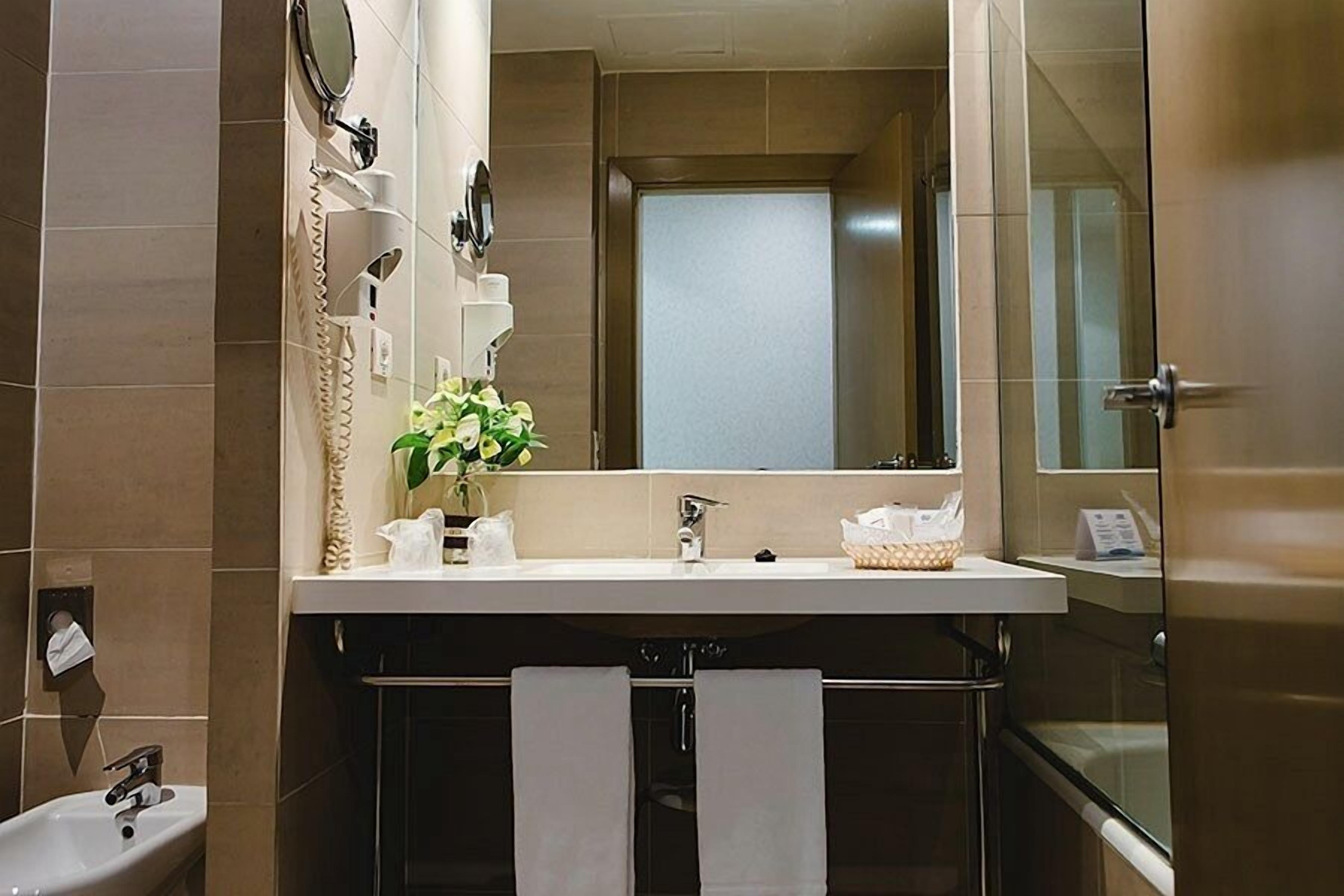 A modern bathroom with a large mirror, a sink, a bidet, and a towel rack.