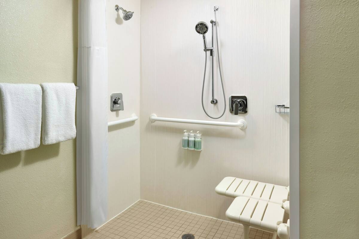 A bathroom with a shower, toilet, and handrails.