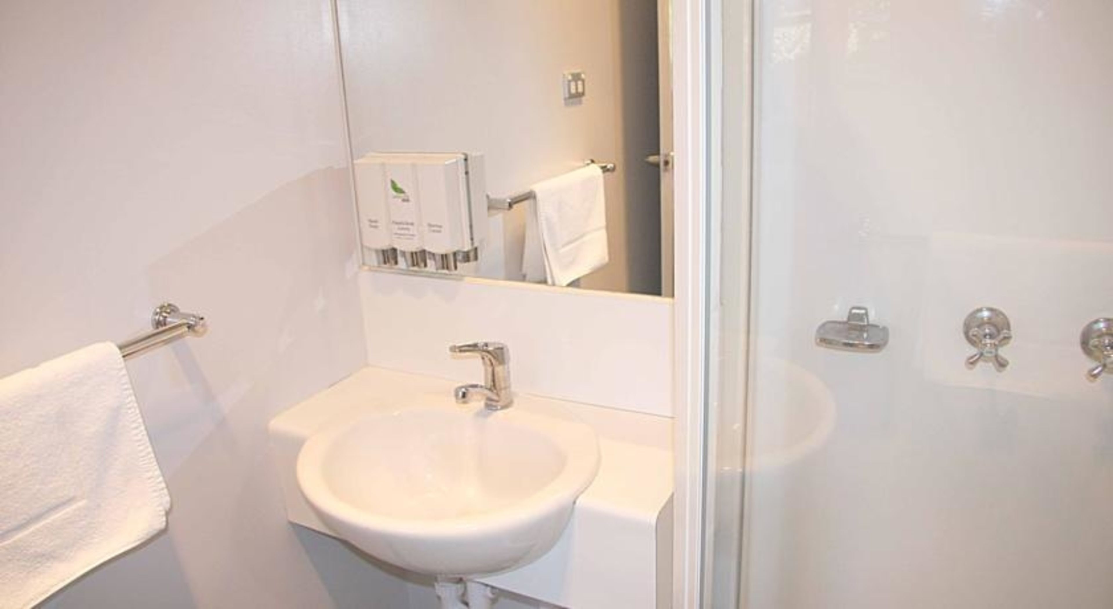 Une salle de bain avec un lavabo blanc, un miroir et une porte de douche en verre.