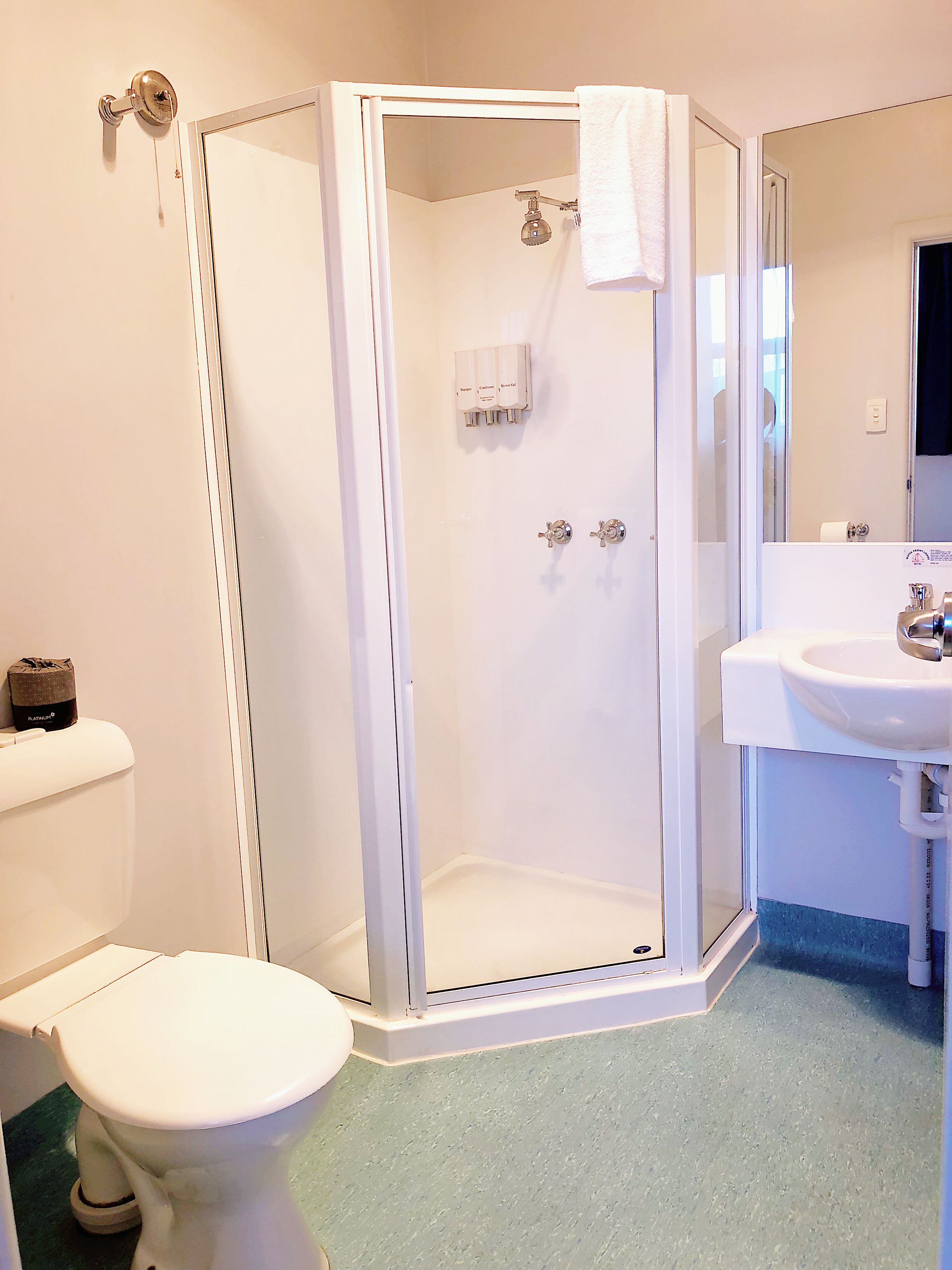 A bathroom with a glass-enclosed shower, a toilet, and a sink.
