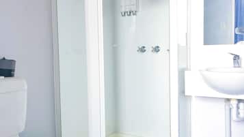 A bathroom with a glass-enclosed shower, a toilet, and a sink.