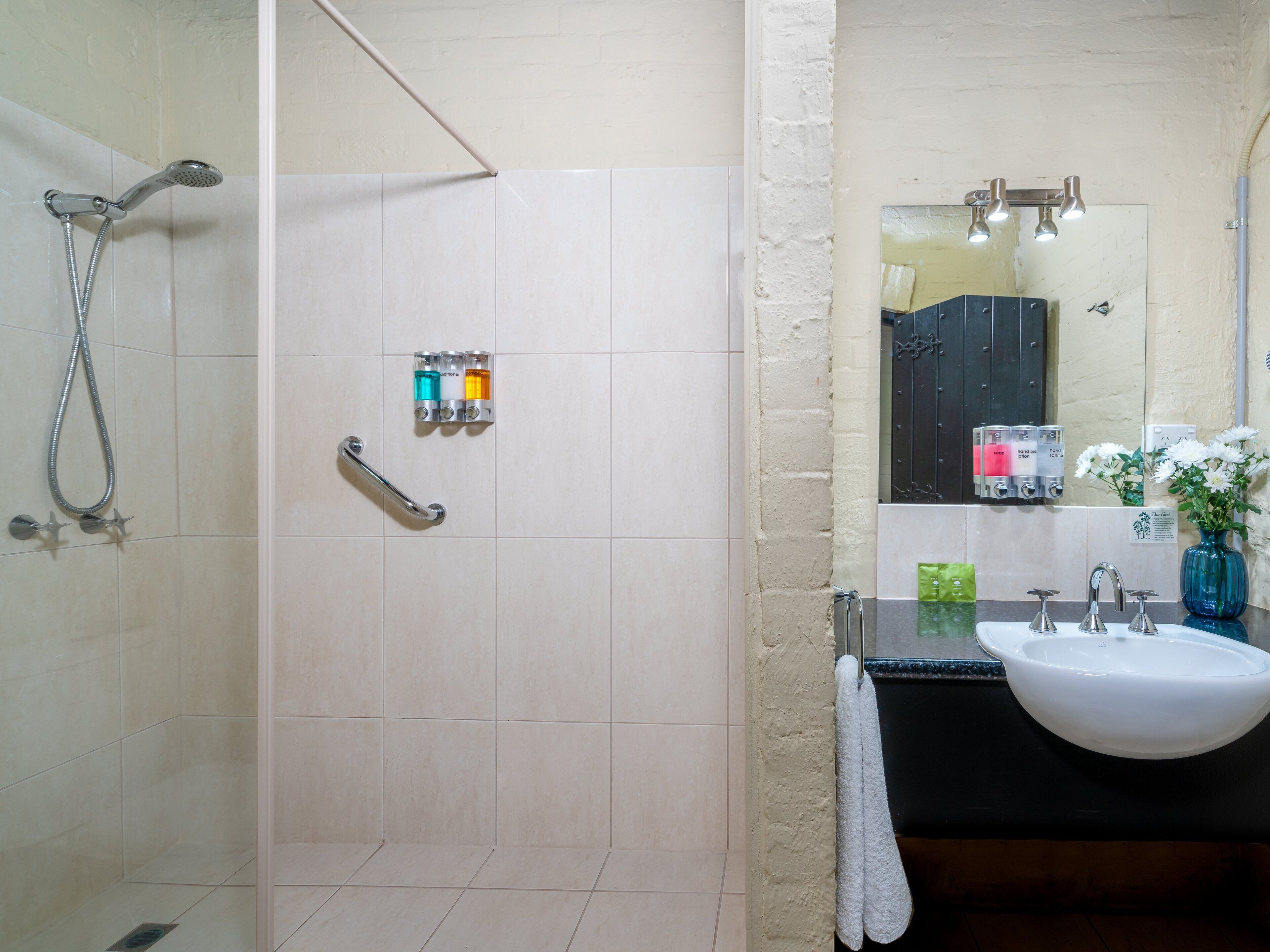 A bathroom with a shower, a sink, and a mirror.