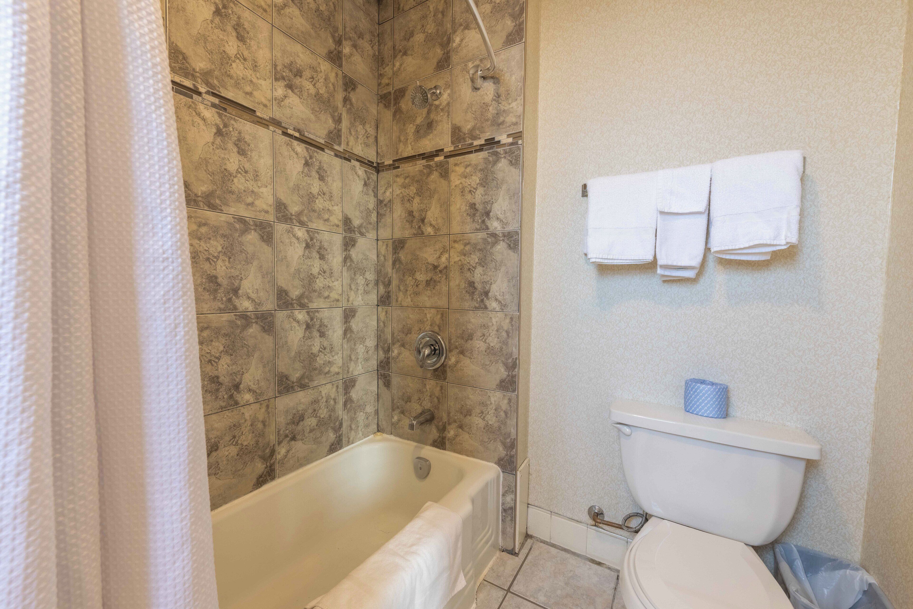 Un baño con bañera, ducha e inodoro.